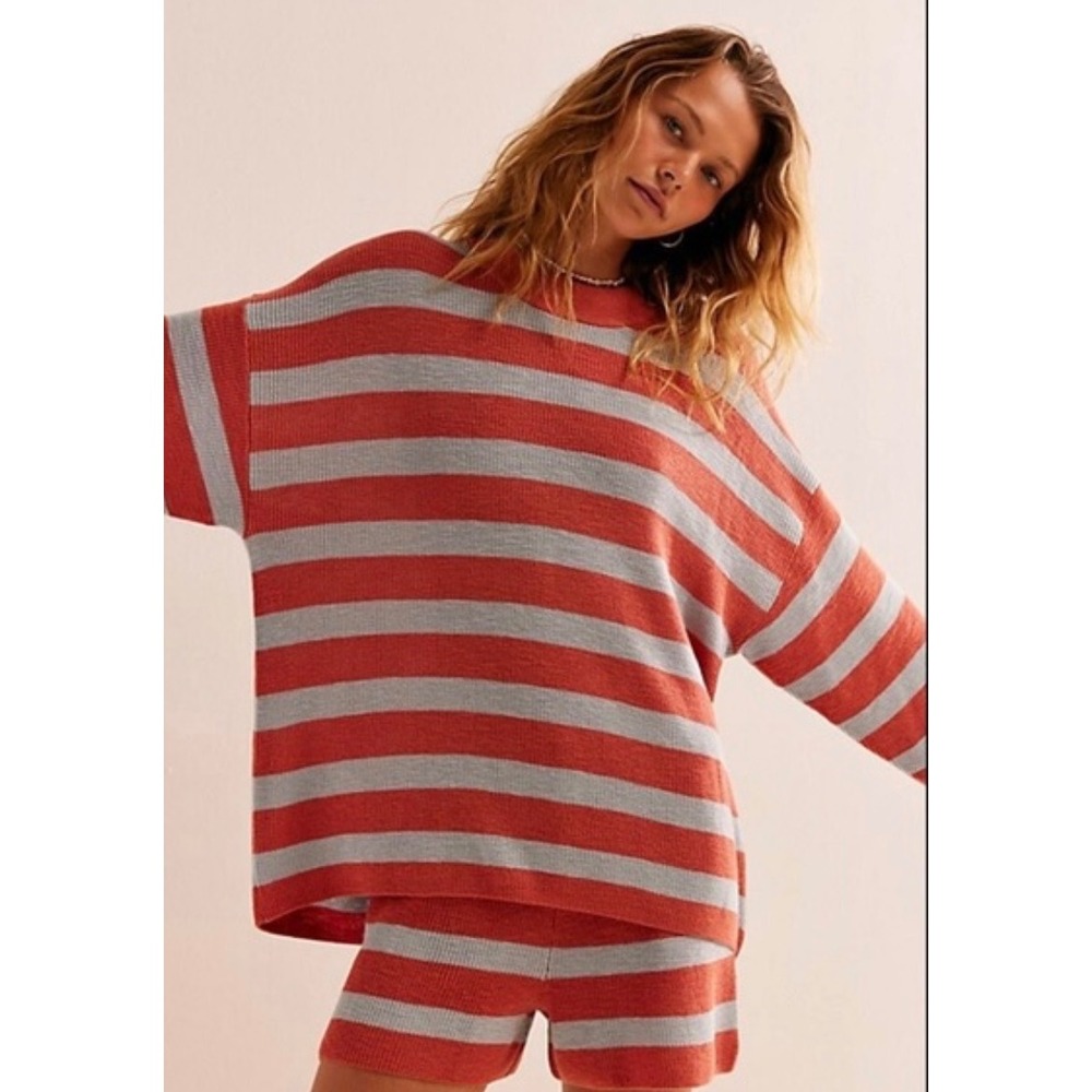 Free People Red and Light Gray Striped Knit Lounge Shorts Set